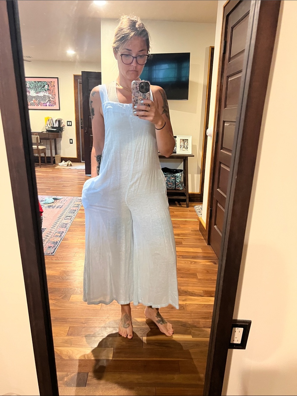 Light Blue Wide-Leg linen/rayon Jumpsuit